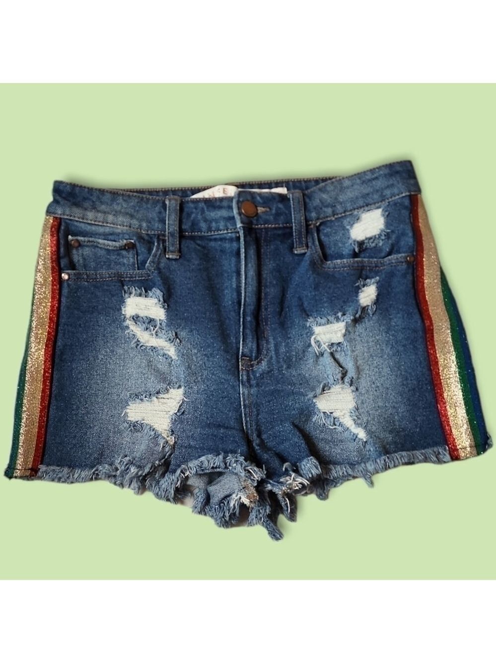 Y2K Rainbow & Glitter Striped High Waisted Frayed Hem Distressed Shorts Size 4